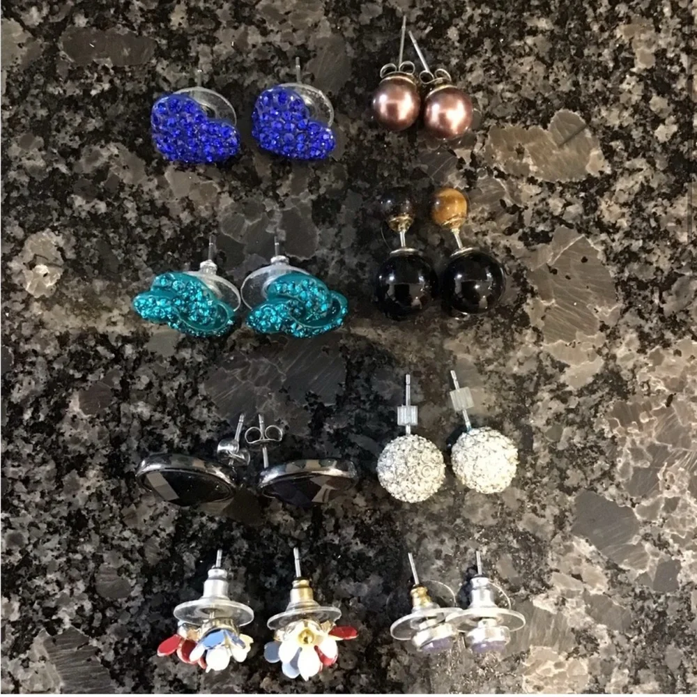 Costume Jewelry Set of 9 Women's Stud Earring Set - Black, Blue, Gold, Silver